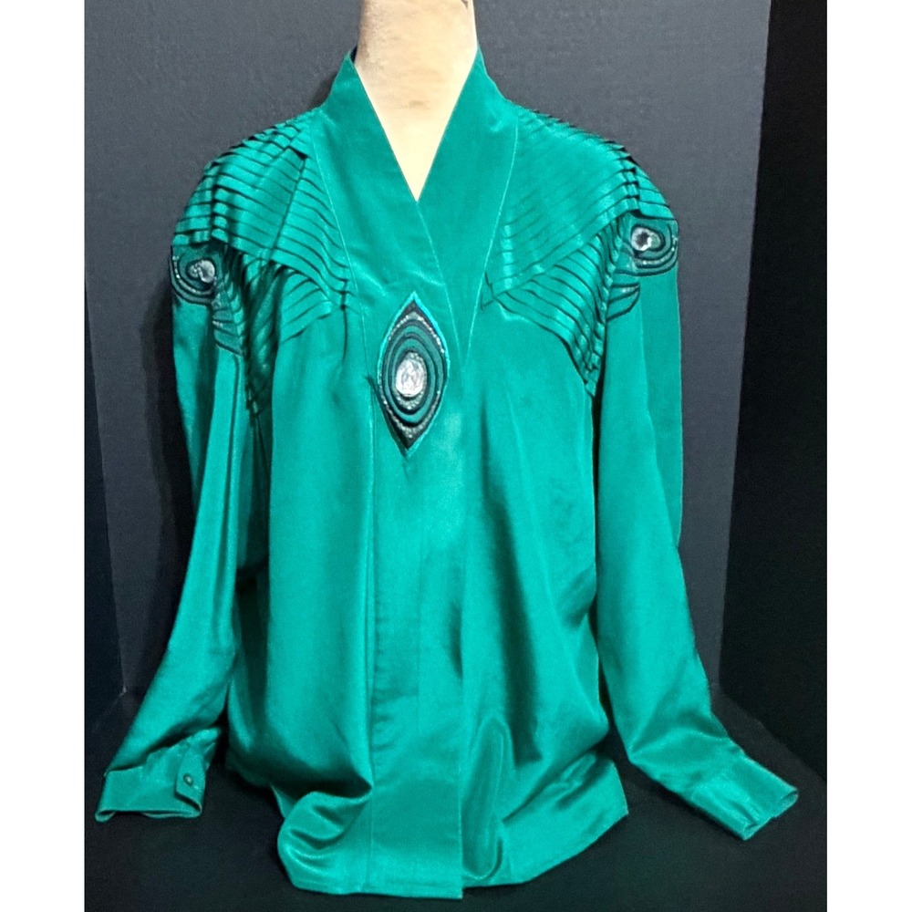 I.B. Diffusion 80s Emerald Green Silk Embellished Abstract Peacock VTG Top Sz 10